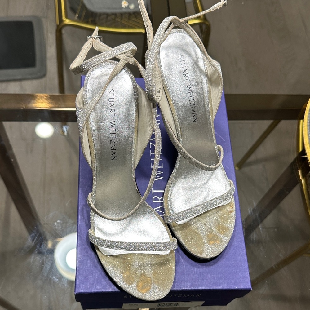 Stuart Weitzman Silver Glitter Open-Strap Slingba… - image 1